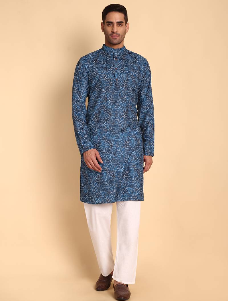 Blue color smart and ethnic designer printed kurta payjama for men's festive looks