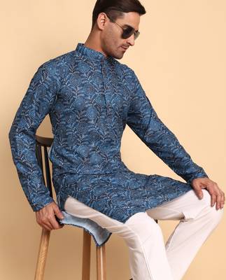 Blue color smart and ethnic designer printed kurta payjama for men's festive looks 3