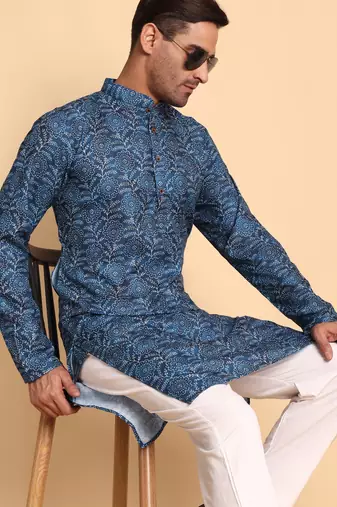 Blue color smart and ethnic designer printed kurta payjama for men's festive looks