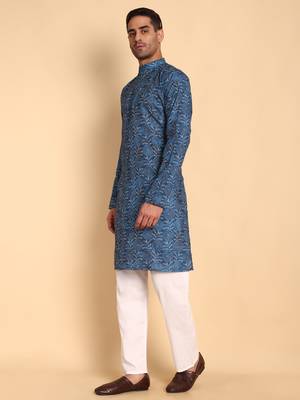 Blue color smart and ethnic designer printed kurta payjama for men's festive looks 4