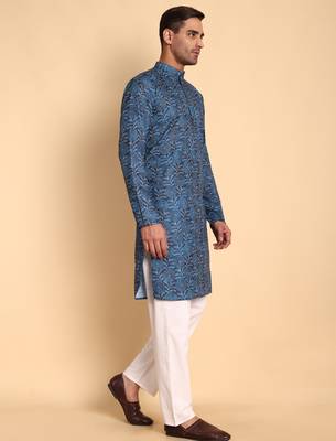 Blue color smart and ethnic designer printed kurta payjama for men's festive looks 5