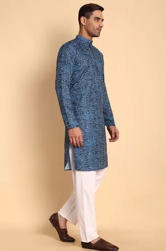 Blue color smart and ethnic designer printed kurta payjama for men's festive looks