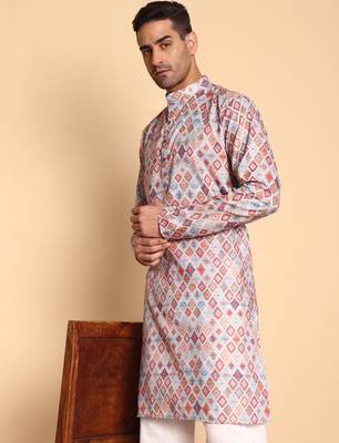 Grey color smart and ethnic designer printed kurta payjama for men's festive looks 3