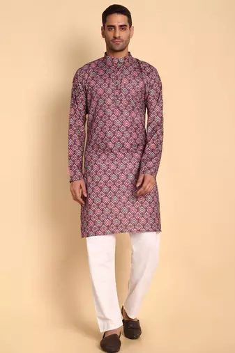 Maroon color smart and ethnic designer printed kurta payjama for men's festive looks