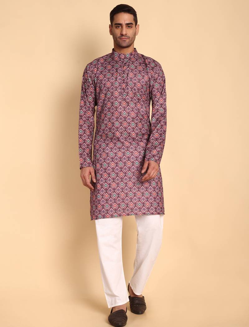 Maroon color smart and ethnic designer printed kurta payjama for men's festive looks