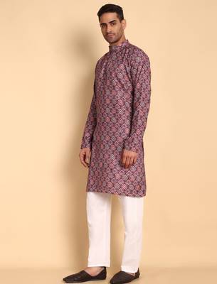 Maroon color smart and ethnic designer printed kurta payjama for men's festive looks 4