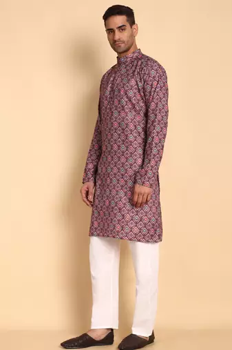 Maroon color smart and ethnic designer printed kurta payjama for men's festive looks