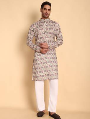 Beige color smart and ethnic designer printed kurta payjama for men's festive looks 1