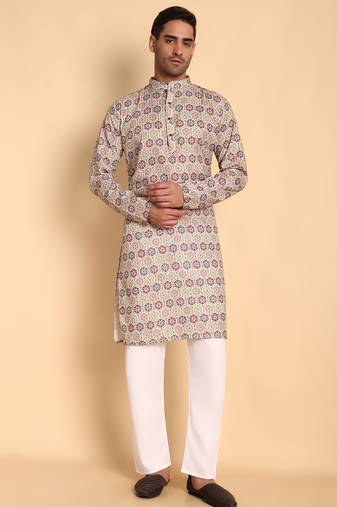 Beige color smart and ethnic designer printed kurta payjama for men's festive looks