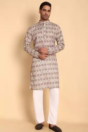 Beige color smart and ethnic designer printed kurta payjama for men's festive looks