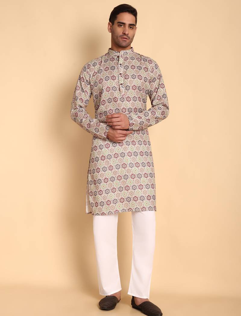 Beige color smart and ethnic designer printed kurta payjama for men's festive looks