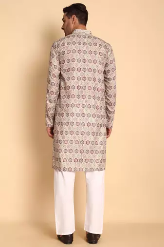 Beige color smart and ethnic designer printed kurta payjama for men's festive looks