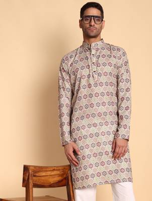 Beige color smart and ethnic designer printed kurta payjama for men's festive looks 3
