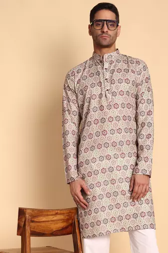 Beige color smart and ethnic designer printed kurta payjama for men's festive looks