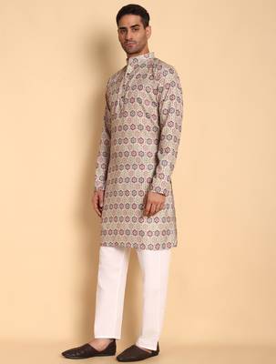 Beige color smart and ethnic designer printed kurta payjama for men's festive looks 4