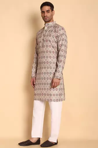 Beige color smart and ethnic designer printed kurta payjama for men's festive looks