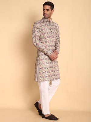 Beige color smart and ethnic designer printed kurta payjama for men's festive looks 5
