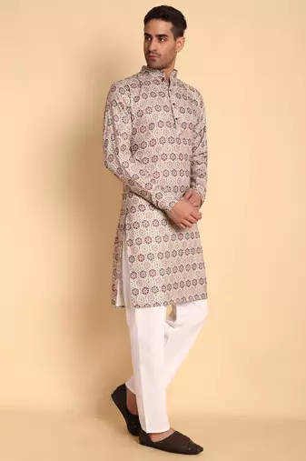 Beige color smart and ethnic designer printed kurta payjama for men's festive looks
