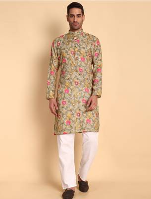 Yellow color smart and ethnic designer printed kurta payjama for men's festive looks 1