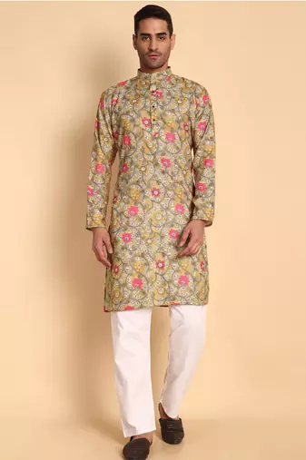 Yellow color smart and ethnic designer printed kurta payjama for men's festive looks