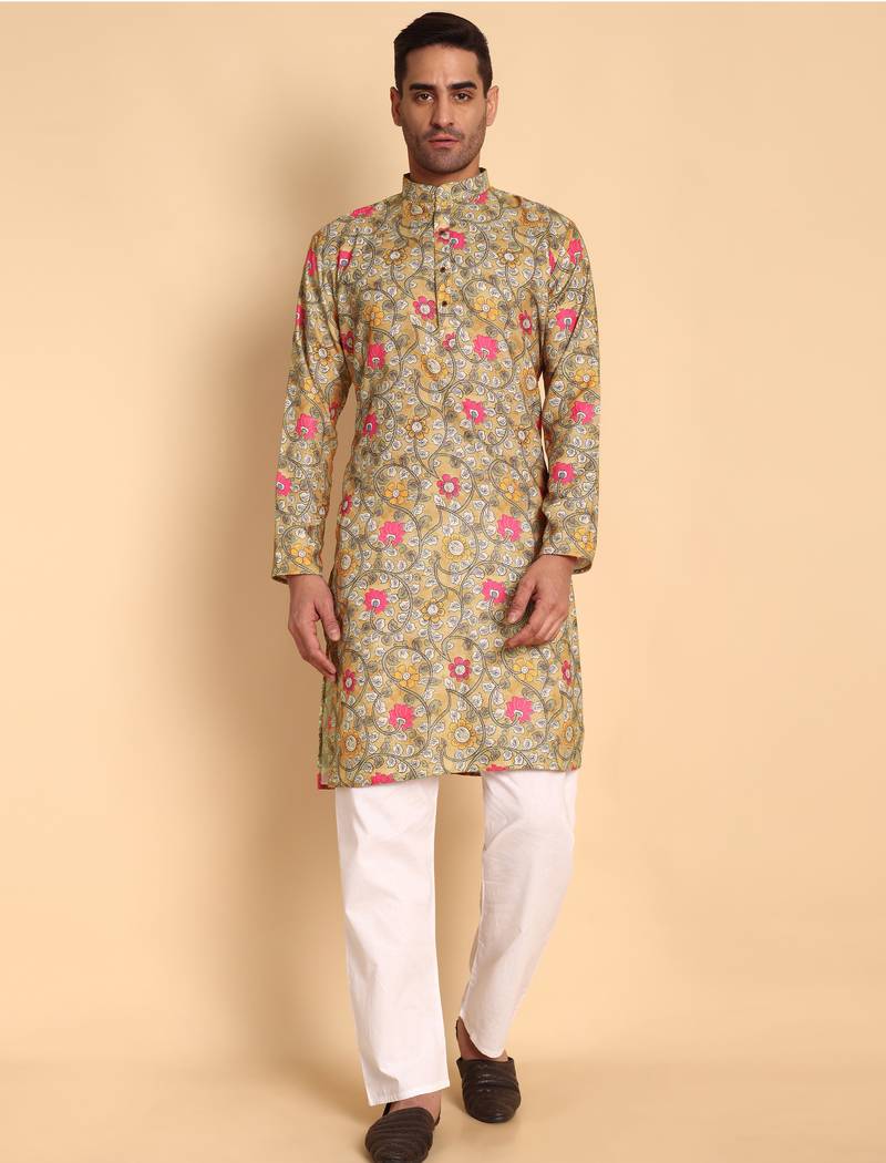 Yellow color smart and ethnic designer printed kurta payjama for men's festive looks