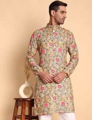 Yellow color smart and ethnic designer printed kurta payjama for men's festive looks 3