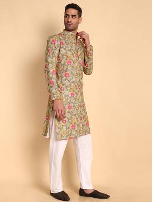 Yellow color smart and ethnic designer printed kurta payjama for men's festive looks 5