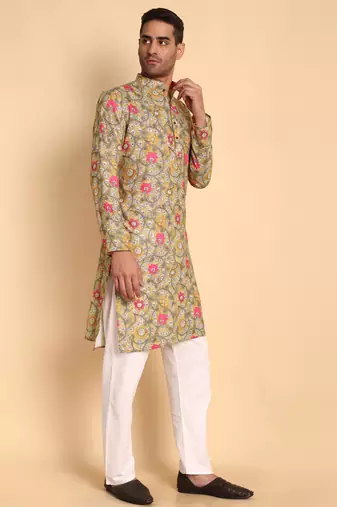 Yellow color smart and ethnic designer printed kurta payjama for men's festive looks