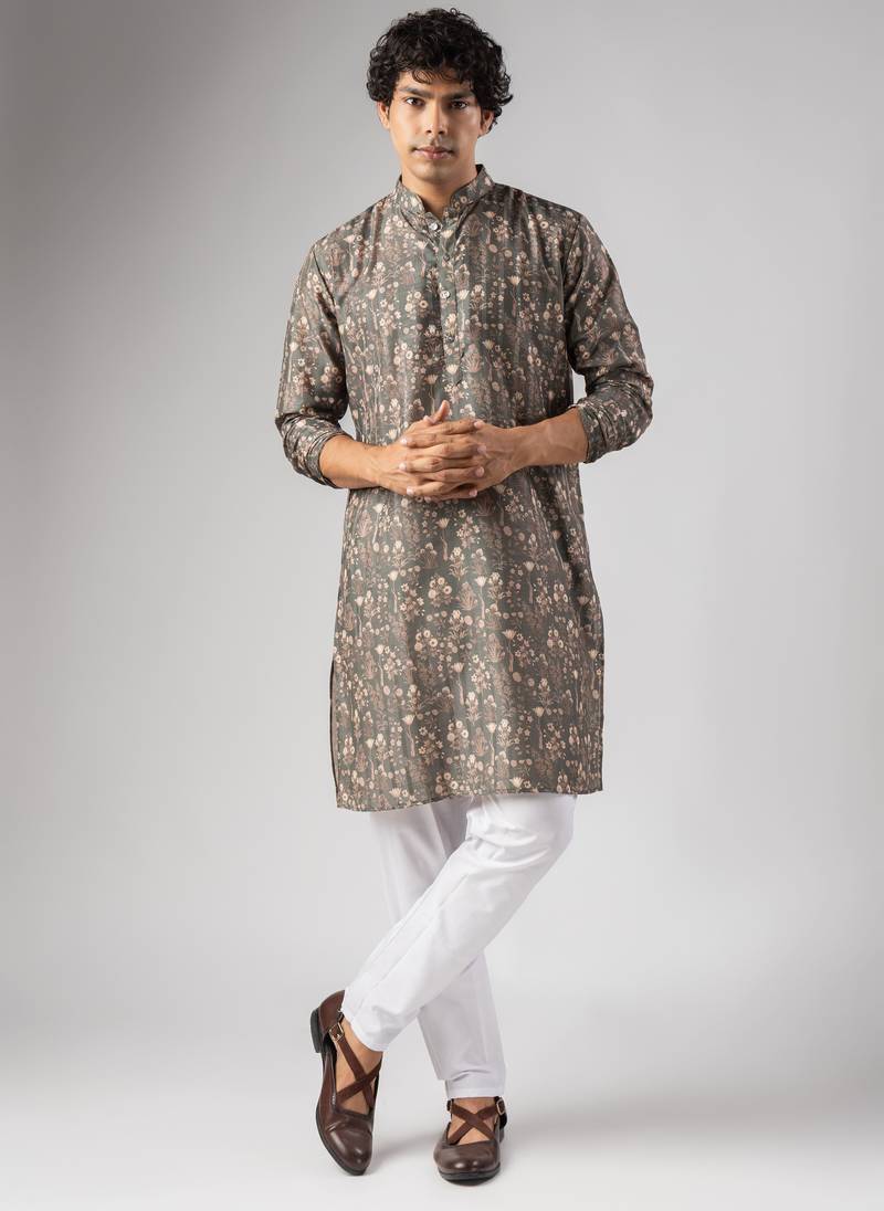 Grey color smart chickoo polo fabric designer ceremonial kurta payjama