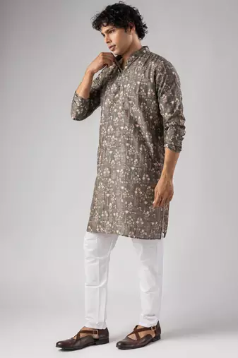Grey color smart chickoo polo fabric designer ceremonial kurta payjama