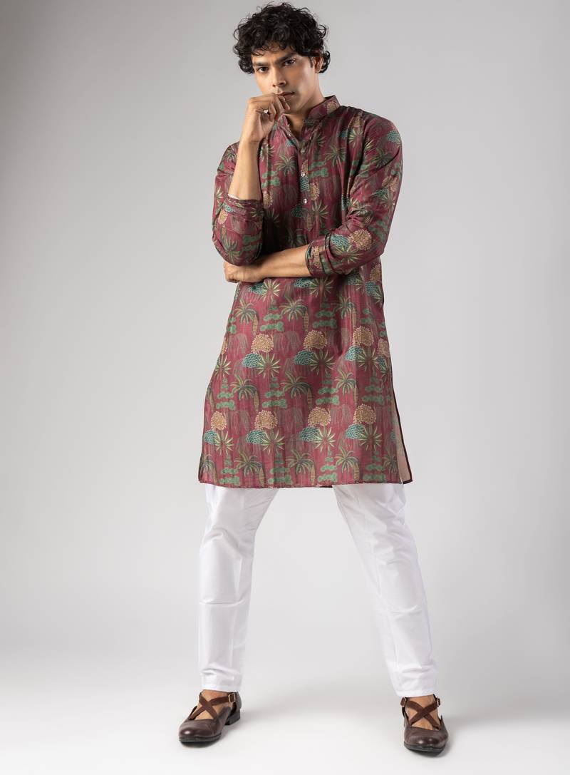 Red color smart chickoo polo fabric designer ceremonial kurta payjama