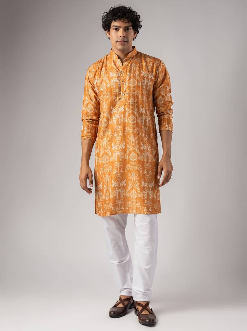Orange color smart chickoo polo fabric designer ceremonial kurta payjama