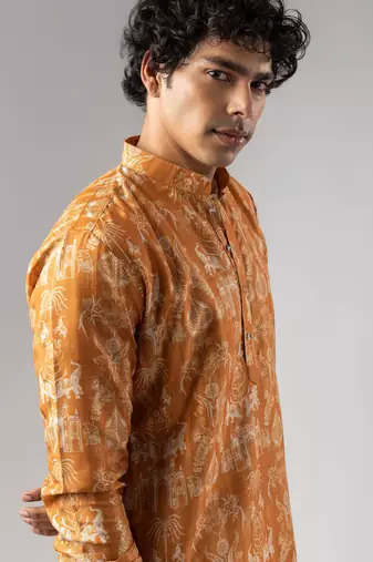 Orange color smart chickoo polo fabric designer ceremonial kurta payjama
