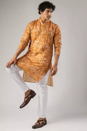 Orange color smart chickoo polo fabric designer ceremonial kurta payjama