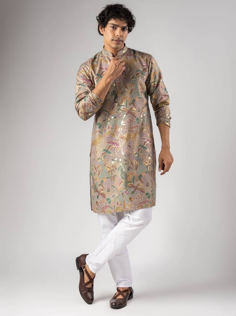 Purple color magnet fabric designer foil printed stylish men's traditional attire
