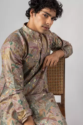 Purple color magnet fabric designer foil printed stylish men's traditional attire
