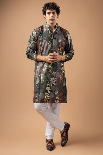 Grey color magnet fabric designer foil printed stylish men's traditional attire