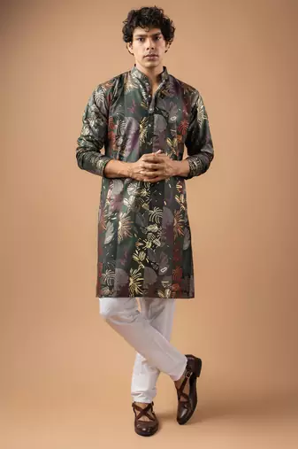 Grey color magnet fabric designer foil printed stylish men's traditional attire