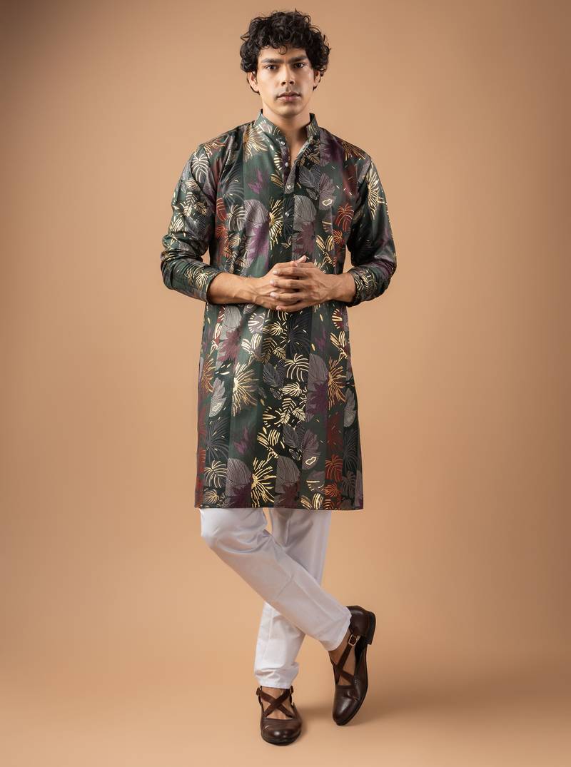 Grey color magnet fabric designer foil printed stylish men's traditional attire