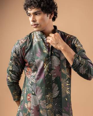 Grey color magnet fabric designer foil printed stylish men's traditional attire 3