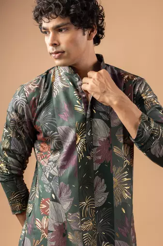 Grey color magnet fabric designer foil printed stylish men's traditional attire