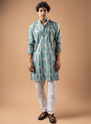 Blue color magnet fabric designer foil printed stylish men's traditional attire 1