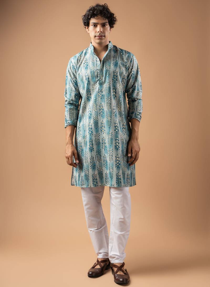 Blue color magnet fabric designer foil printed stylish men's traditional attire