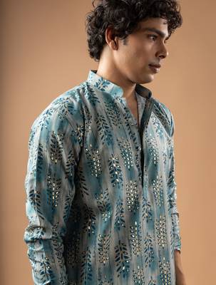 Blue color magnet fabric designer foil printed stylish men's traditional attire 3