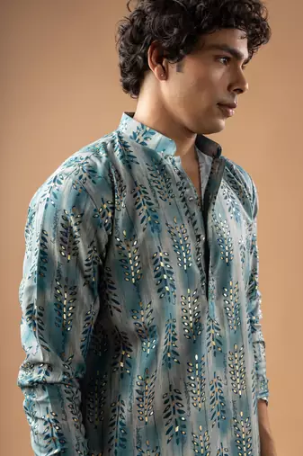 Blue color magnet fabric designer foil printed stylish men's traditional attire