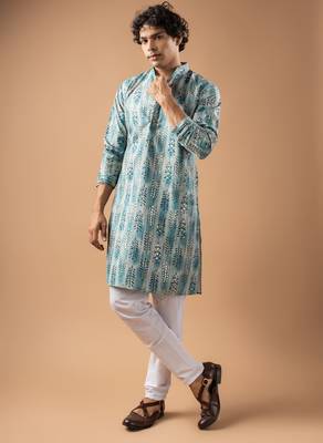 Blue color magnet fabric designer foil printed stylish men's traditional attire 4