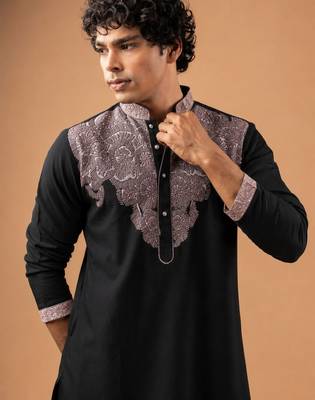 Smart and graceful black color viscose silk men's ceremonial attire 3