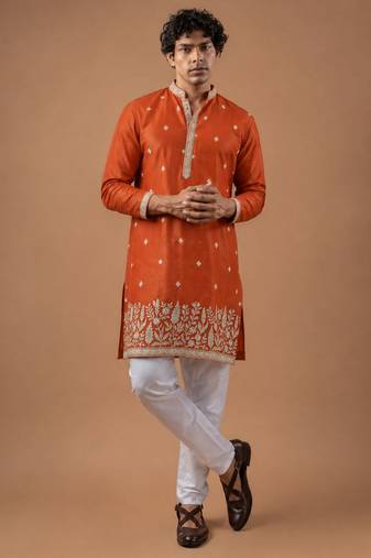 Smart and graceful orange color viscose silk men's ceremonial attire