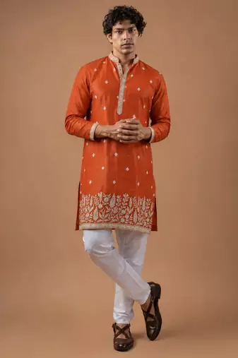 Smart and graceful orange color viscose silk men's ceremonial attire