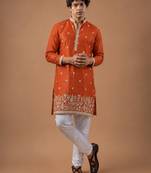 Smart and graceful orange color viscose silk men's ceremonial attire